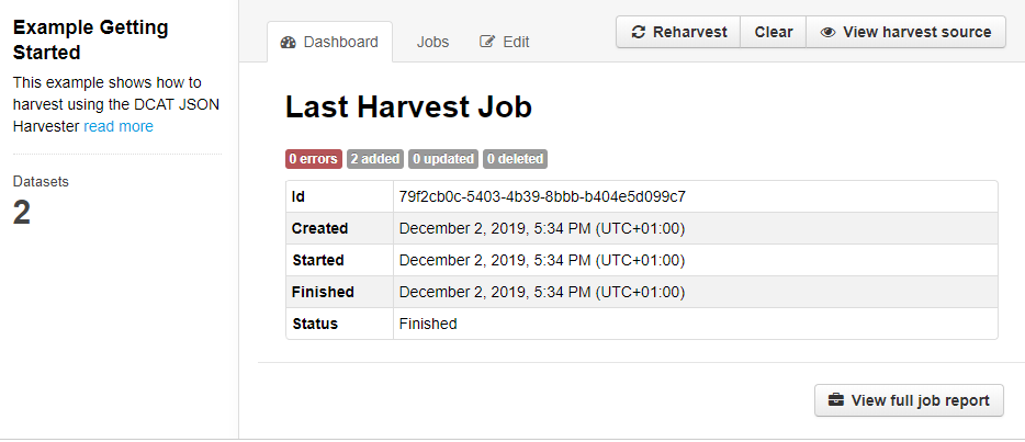 Last harvest job dashboard - process finished